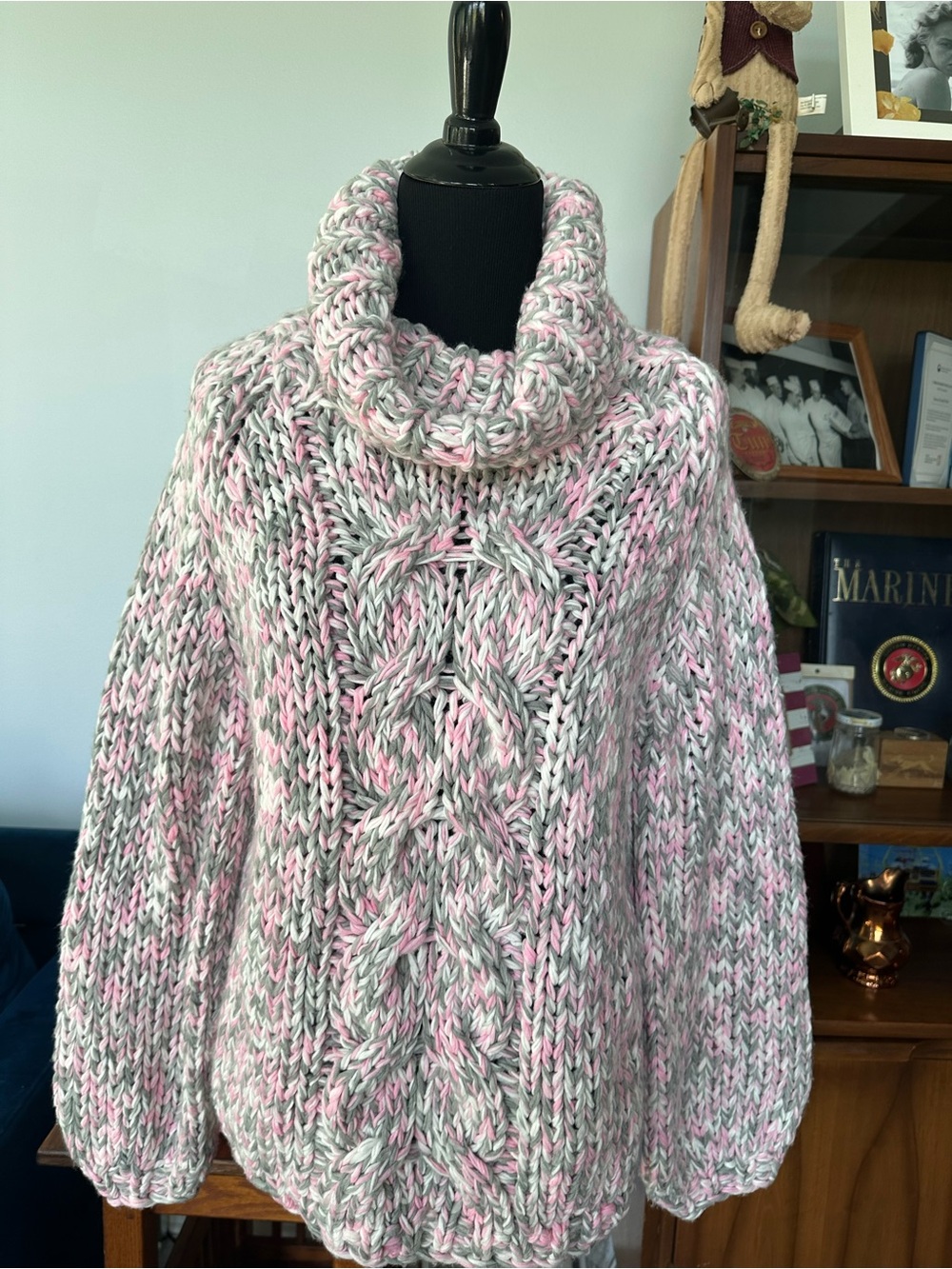 POL Chunky Cable Turtleneck Sweater in Pink, Gray & White